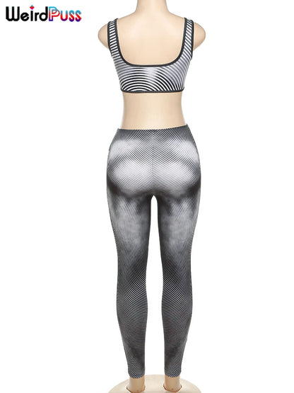 Weird Puss Gradient Print 2 Piece Set Women Skinny Striped Stretch Tank Tops+Leggings Matching Casual Sporty Streetwear Outfits