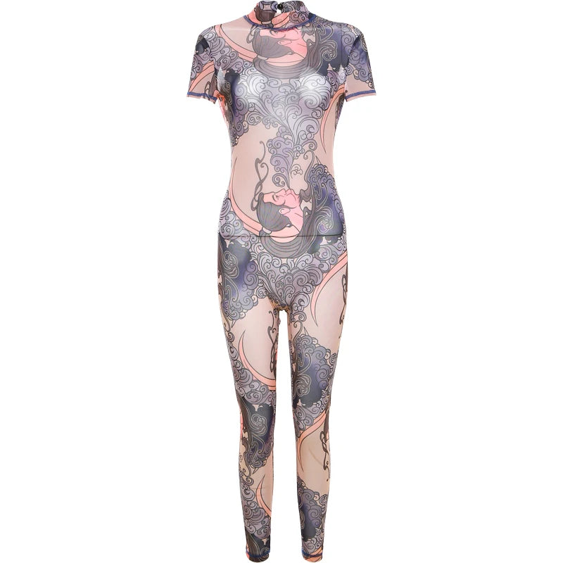Weird Puss See Through Jumpsuit Women Fit Short Sleeve Backless Thin Mesh Figure Print Hipster Sexy Stretch Activity Overalls