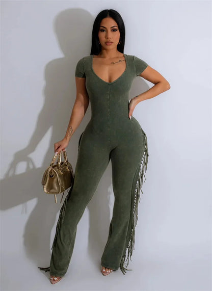 Casual Side Fringe Tassel One Piece Jumpsuit for Women Clothing V-neck