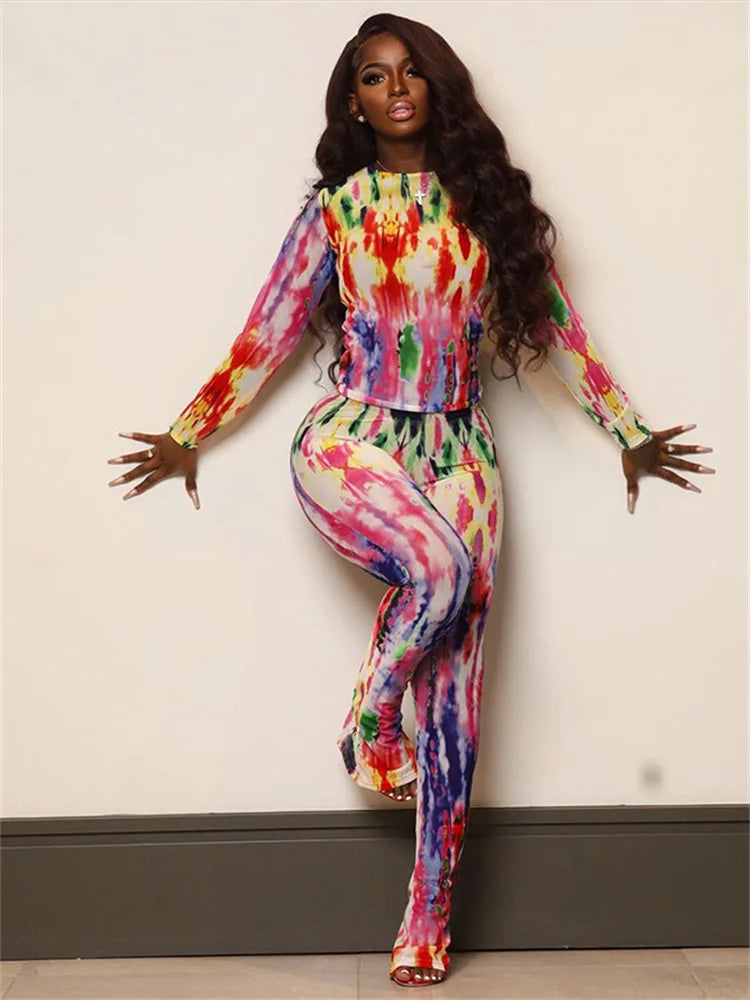 Fashion Mesh Flower Print 2 Two Piece Set Women Stunning Full Sleeve