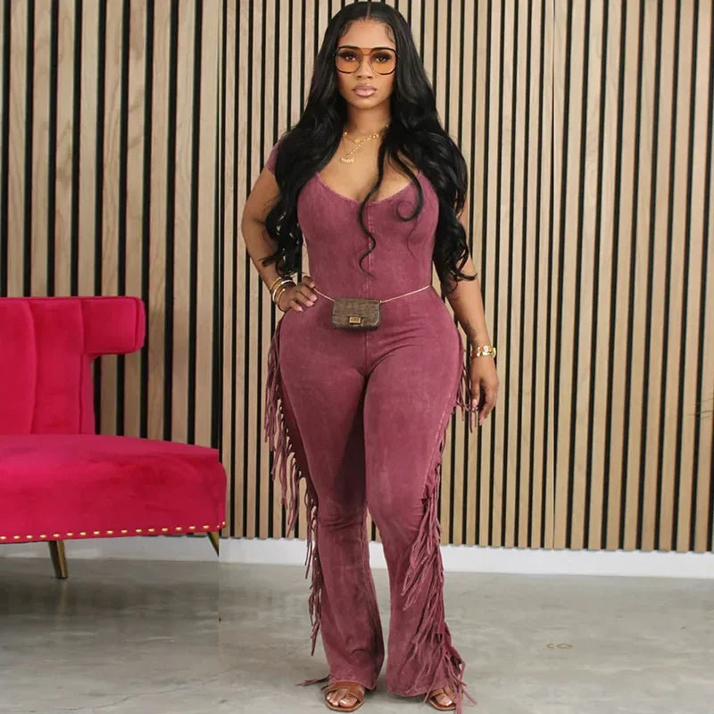 Casual Side Fringe Tassel One Piece Jumpsuit for Women Clothing V-neck
