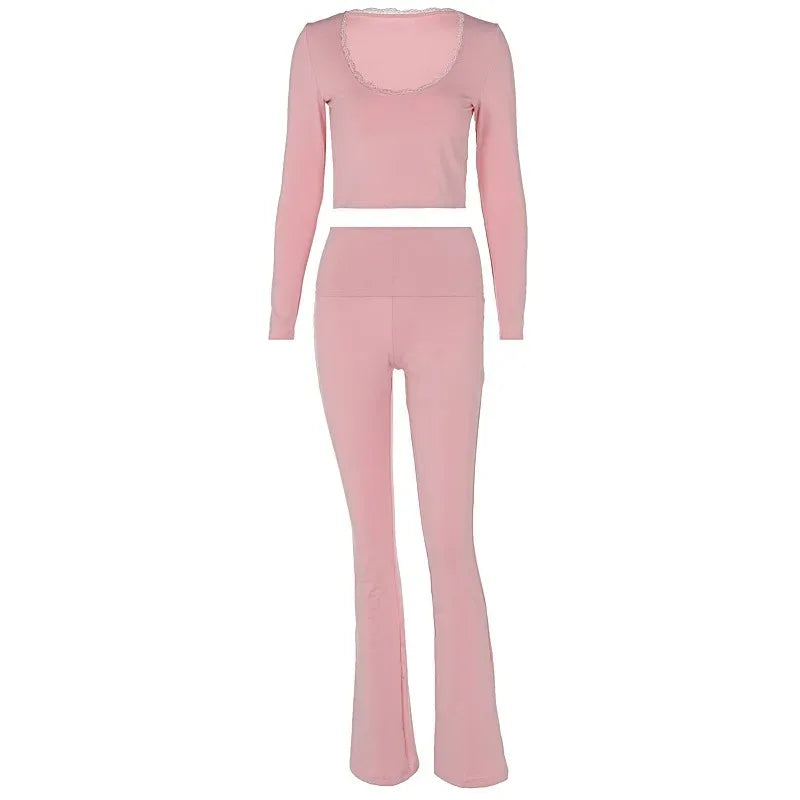 Sexy Deep V-neck Lace Women Two Piece Sets Pink Long Sleeve T-shirt