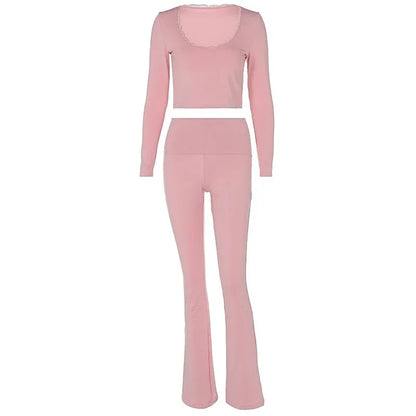 Sexy Deep V-neck Lace Women Two Piece Sets Pink Long Sleeve T-shirt