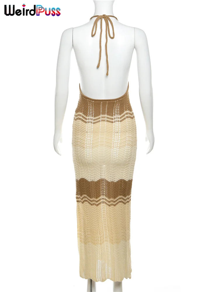 Weird Puss Knit Split Women Dress Halter Sleeveless Backless See Through Elastic Elegant Vacation Fashion Sexy Midnight Clubwear