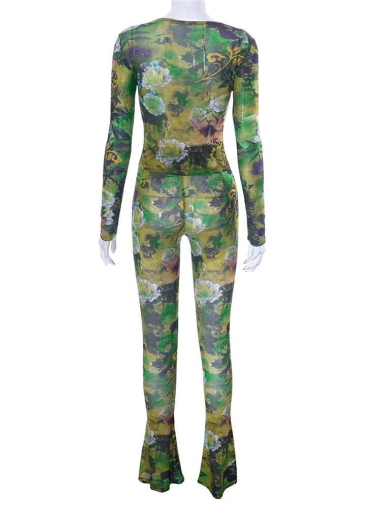 Fashion Mesh Flower Print 2 Two Piece Set Women Stunning Full Sleeve