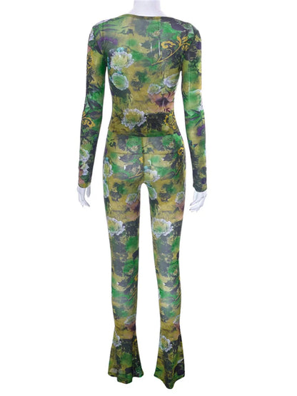 Fashion Mesh Flower Print 2 Two Piece Set Women Stunning Full Sleeve