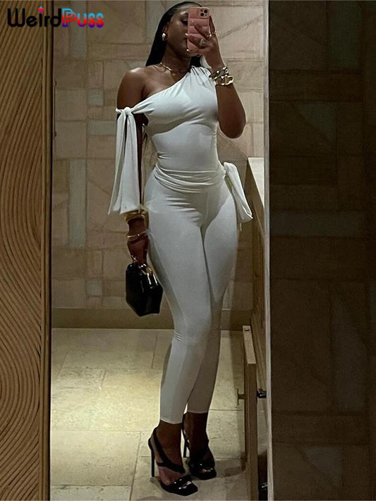 Chic Elegant 2 Piece Set Women Tracksuit Skew Collar Ribbon