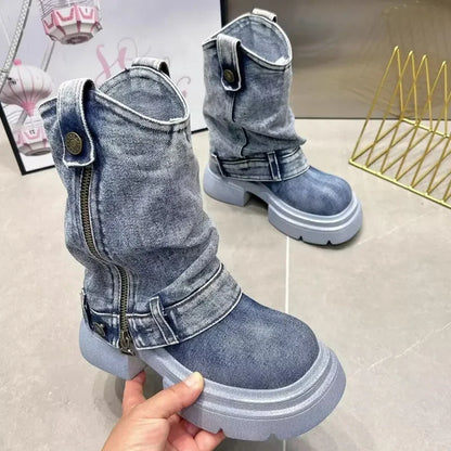 Denim Ankle Boots For Women Round Toe Thick Bottom Side Zipper Belt