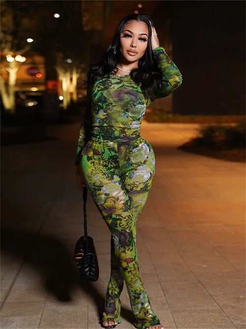 Fashion Mesh Flower Print 2 Two Piece Set Women Stunning Full Sleeve