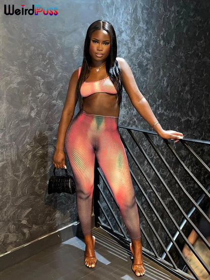 Weird Puss Gradient Print 2 Piece Set Women Skinny Striped Stretch Tank Tops+Leggings Matching Casual Sporty Streetwear Outfits