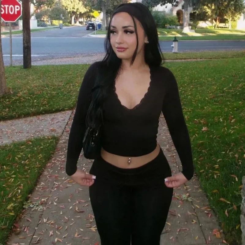 Sexy Deep V-neck Lace Women Two Piece Sets Pink Long Sleeve T-shirt