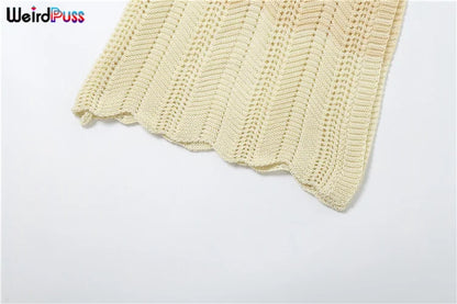 Weird Puss Knit Split Women Dress Halter Sleeveless Backless See Through Elastic Elegant Vacation Fashion Sexy Midnight Clubwear