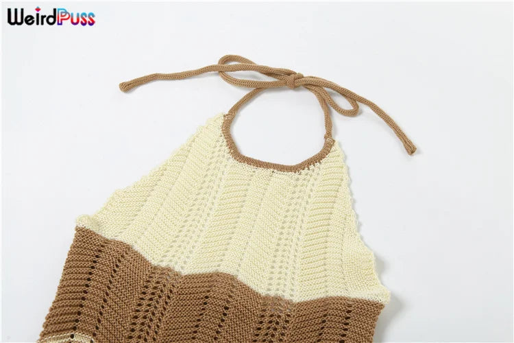 Weird Puss Knit Split Women Dress Halter Sleeveless Backless See Through Elastic Elegant Vacation Fashion Sexy Midnight Clubwear