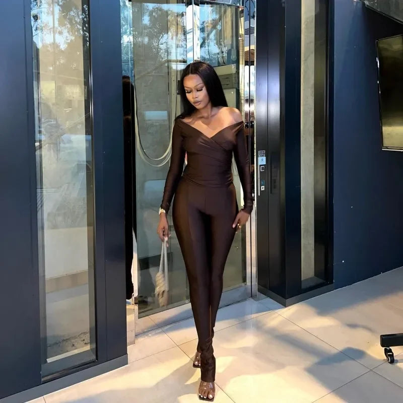 Women Solid Glossy 2 Piece Set Wrap V Neck Gloves Long Sleeve Off Shoulder Slim T-shirts Tops Split Flare Pants Streetwear Suits