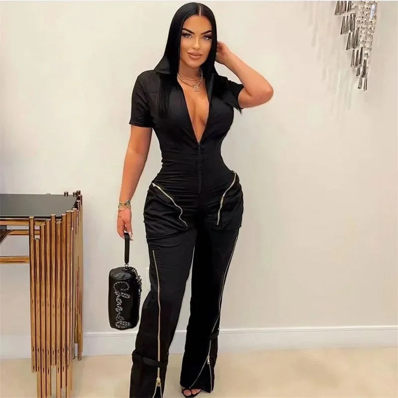 Streetwear Front Zipper Turn-down Collar Cargo Jumpsuit Women Short