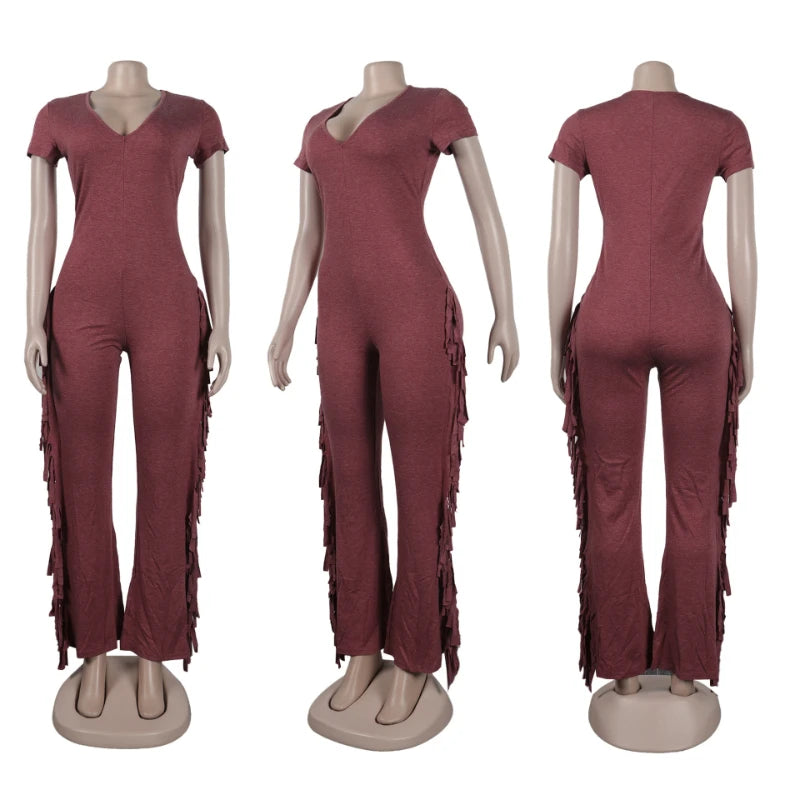 Casual Side Fringe Tassel One Piece Jumpsuit for Women Clothing V-neck
