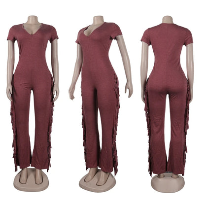 Casual Side Fringe Tassel One Piece Jumpsuit for Women Clothing V-neck