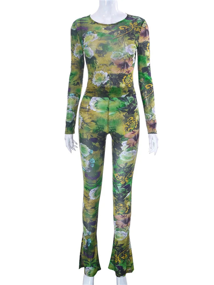Fashion Mesh Flower Print 2 Two Piece Set Women Stunning Full Sleeve