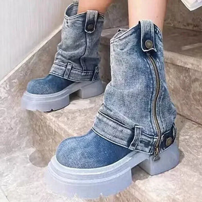 Denim Ankle Boots For Women Round Toe Thick Bottom Side Zipper Belt