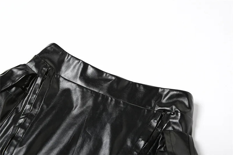 Fashion Black PU Leather Skirts 2 Piece Set Women New 2023 Sexy Off the Shouder Crop Top + Pockets Skinny Club Outfits Sets Y2K