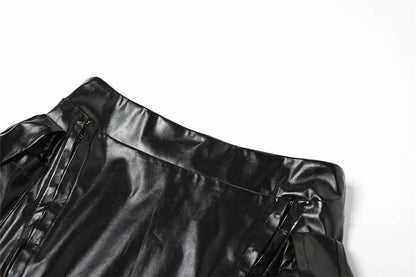 Fashion Black PU Leather Skirts 2 Piece Set Women New 2023 Sexy Off the Shouder Crop Top + Pockets Skinny Club Outfits Sets Y2K
