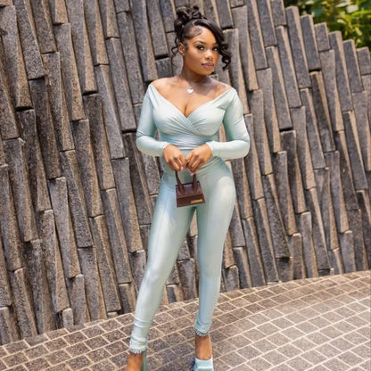 Women Solid Glossy 2 Piece Set Wrap V Neck Gloves Long Sleeve Off Shoulder Slim T-shirts Tops Split Flare Pants Streetwear Suits