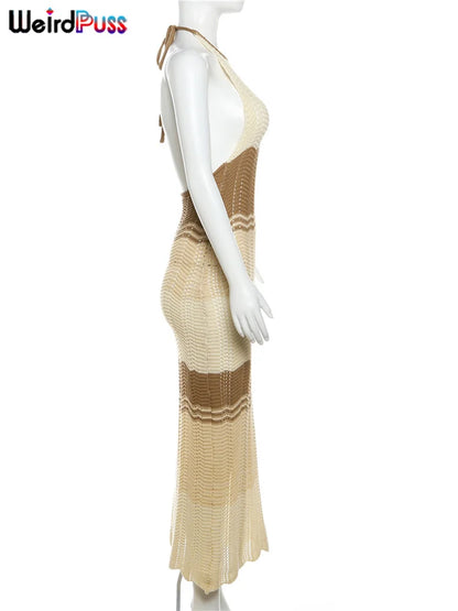 Weird Puss Knit Split Women Dress Halter Sleeveless Backless See Through Elastic Elegant Vacation Fashion Sexy Midnight Clubwear