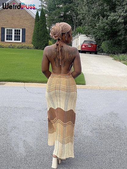 Weird Puss Knit Split Women Dress Halter Sleeveless Backless See Through Elastic Elegant Vacation Fashion Sexy Midnight Clubwear