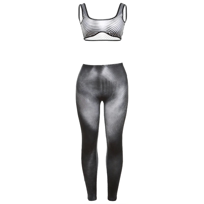 Weird Puss Gradient Print 2 Piece Set Women Skinny Striped Stretch Tank Tops+Leggings Matching Casual Sporty Streetwear Outfits