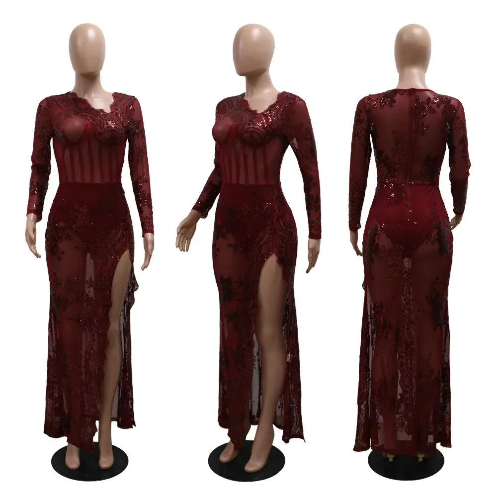 Women Sequined Mesh See Through Long Sleeve Bodycon Long Maxi Dress 2024 Sexy Night Party Evening Prom Dresses Vestidos