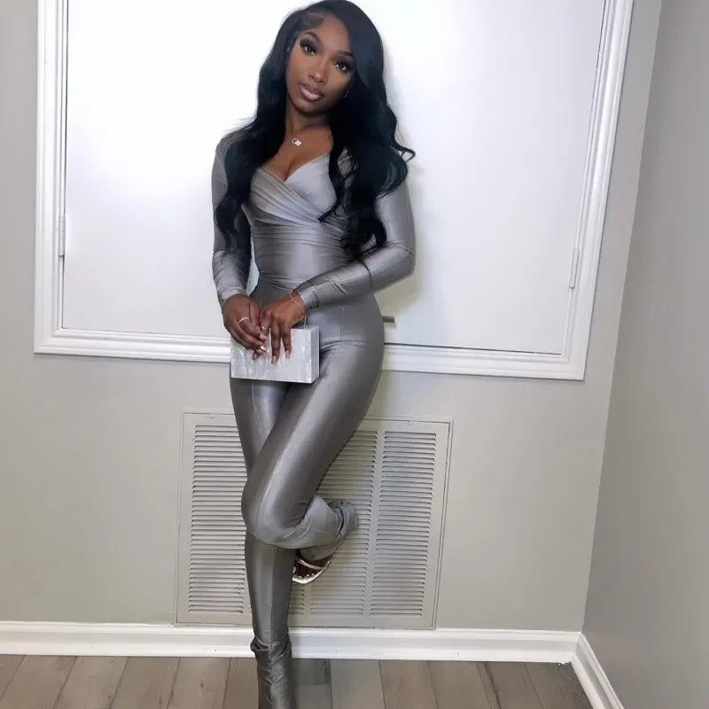 Women Solid Glossy 2 Piece Set Wrap V Neck Gloves Long Sleeve Off Shoulder Slim T-shirts Tops Split Flare Pants Streetwear Suits