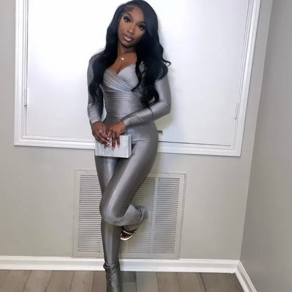 Women Solid Glossy 2 Piece Set Wrap V Neck Gloves Long Sleeve Off Shoulder Slim T-shirts Tops Split Flare Pants Streetwear Suits