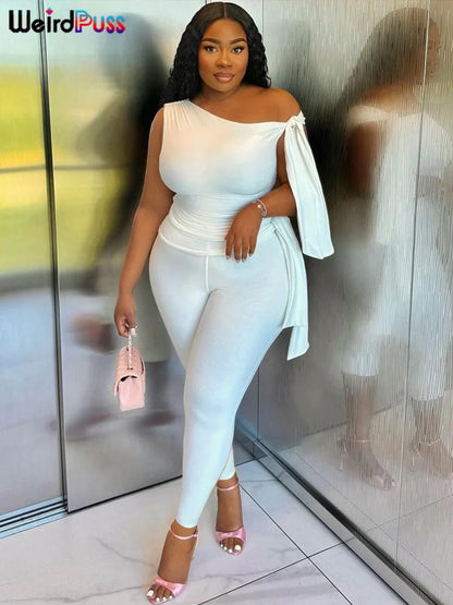 Chic Elegant 2 Piece Set Women Tracksuit Skew Collar Ribbon